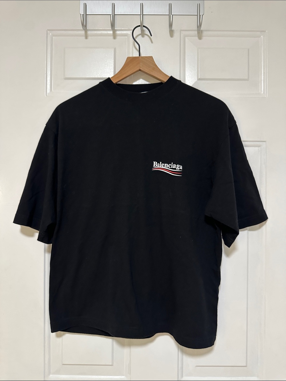 Balenciaga Black T-Shirt with White and Red Chest Logo